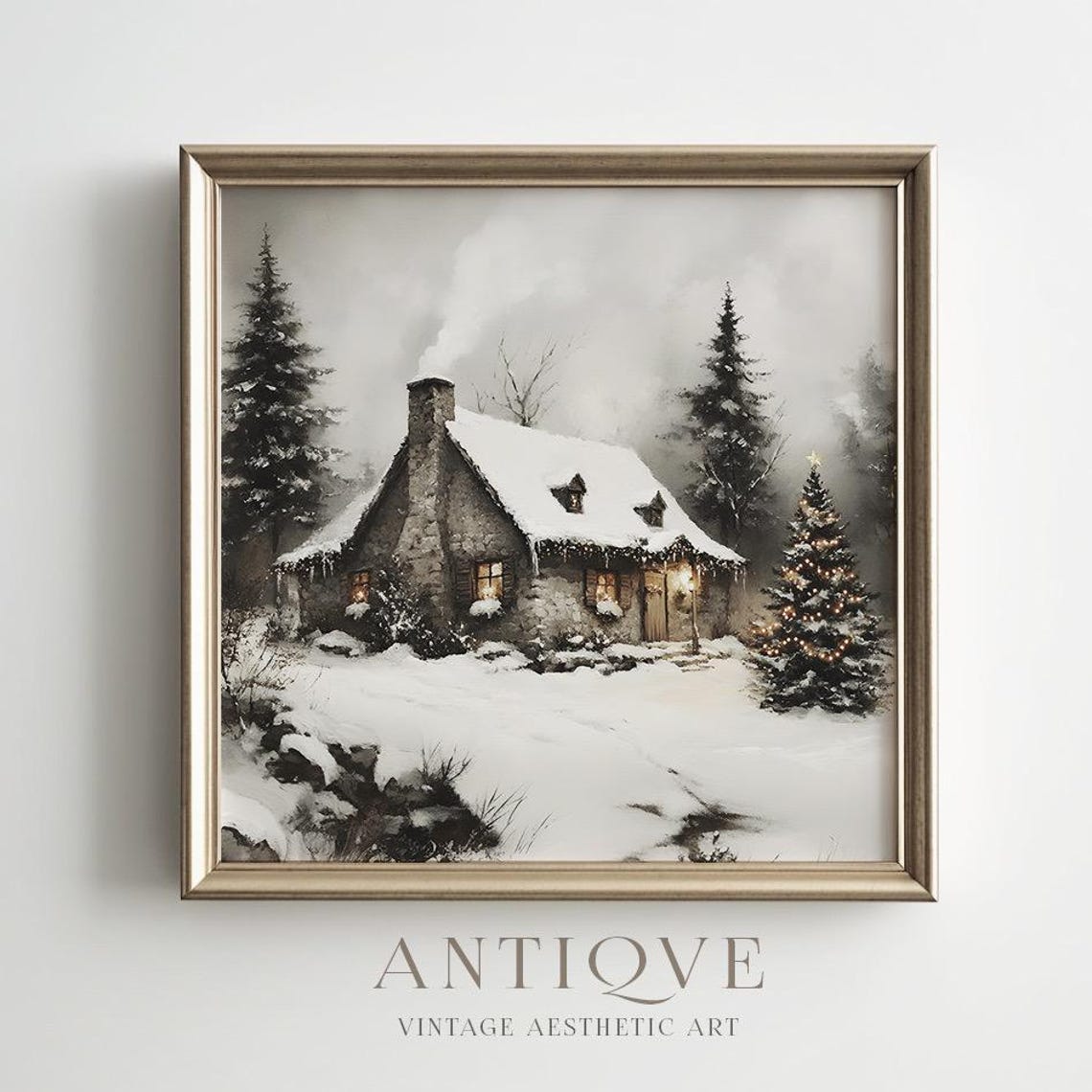 Snow Covered Stone Cottage With Lit Christmas Tree Square Art Poster - Image 3