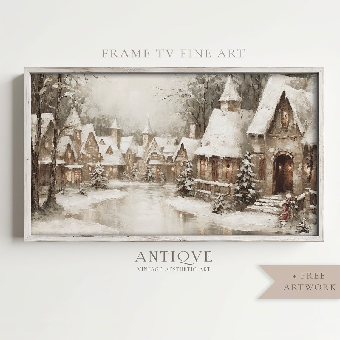 Snowy Christmas Village Street with Stone Houses Holiday Art Print