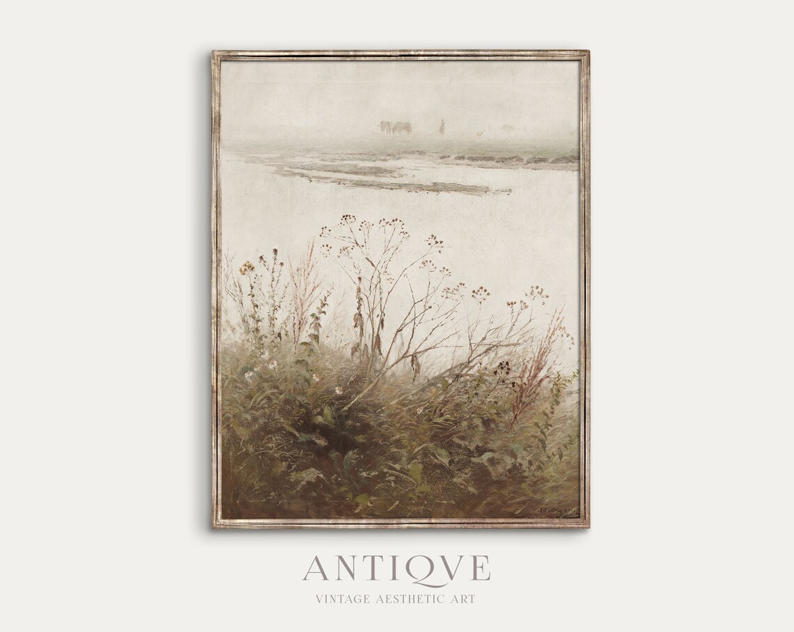 Neutral Wildflowers By The Water, Vintage Art Print