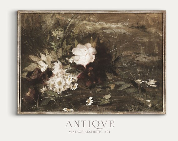 Wild White Blossoms Dark Meadow Vintage Floral Painting Print