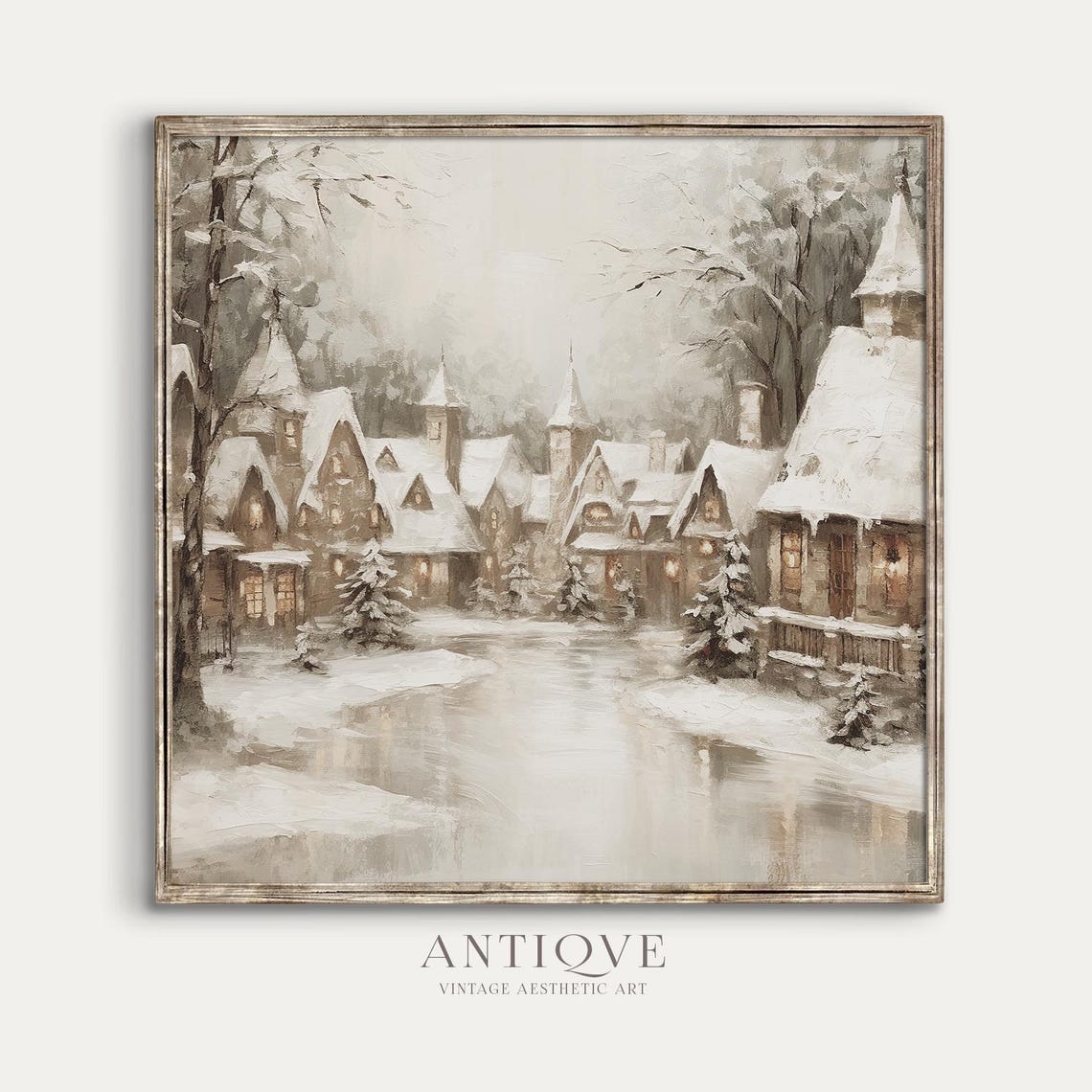 Snowy Village Street Glowing Cottages Winter Evening Painting Wall Art