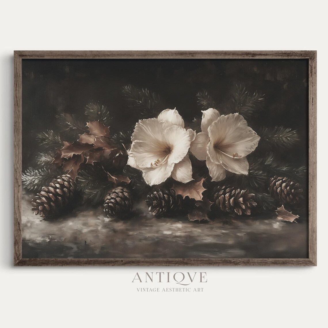 White Amaryllis With Pinecones, Rustic Christmas Art Print - Image 4