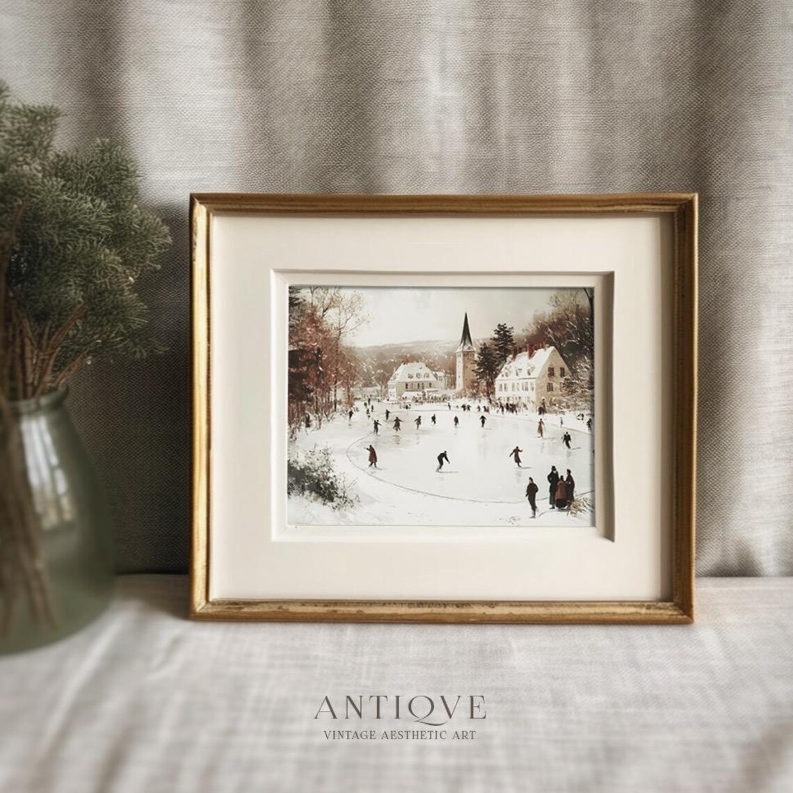Vintage Winter Skating Scene, Rustic Christmas Decor - Image 4