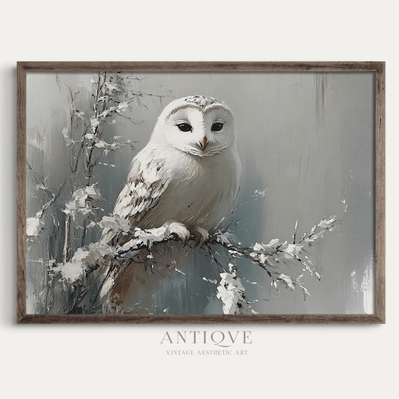 White Owl Resting On Frosted Branch Winter Nature Painting Poster
