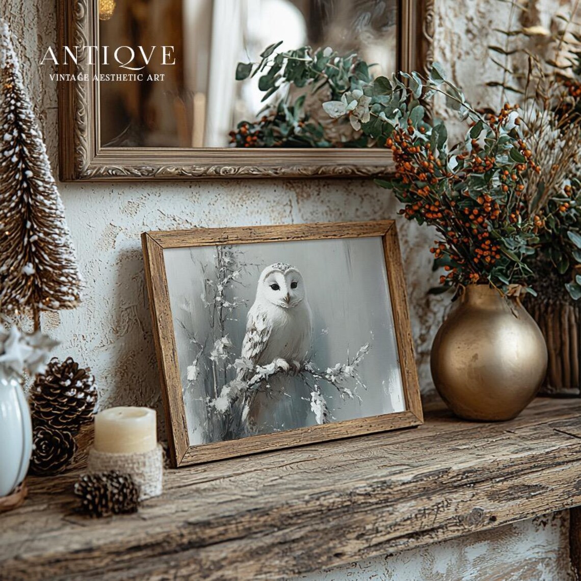 White Owl Resting On Frosted Branch Winter Nature Painting Poster - Image 2