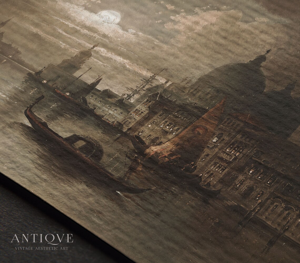 Moody Gondola Painting Venice Night Time Vintage Art Print - Image 2