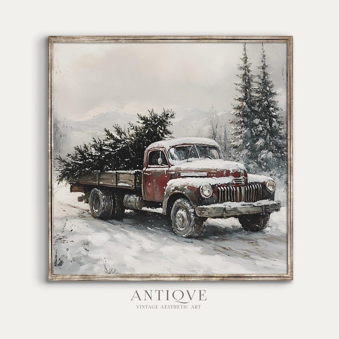 Rustic Red Vintage Truck With Christmas Tree Snow Square Art Poster - Image 3