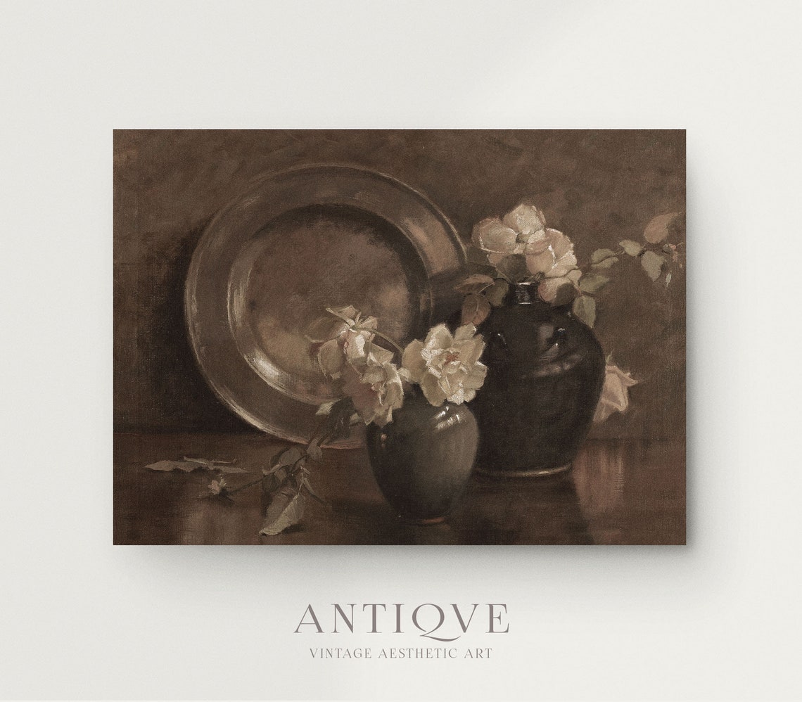 Pewter Plate White Roses Dark Vases Vintage Still Life Print - Image 2