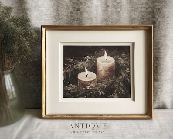 Christmas Candles and Greenery Rustic Holiday Art Print