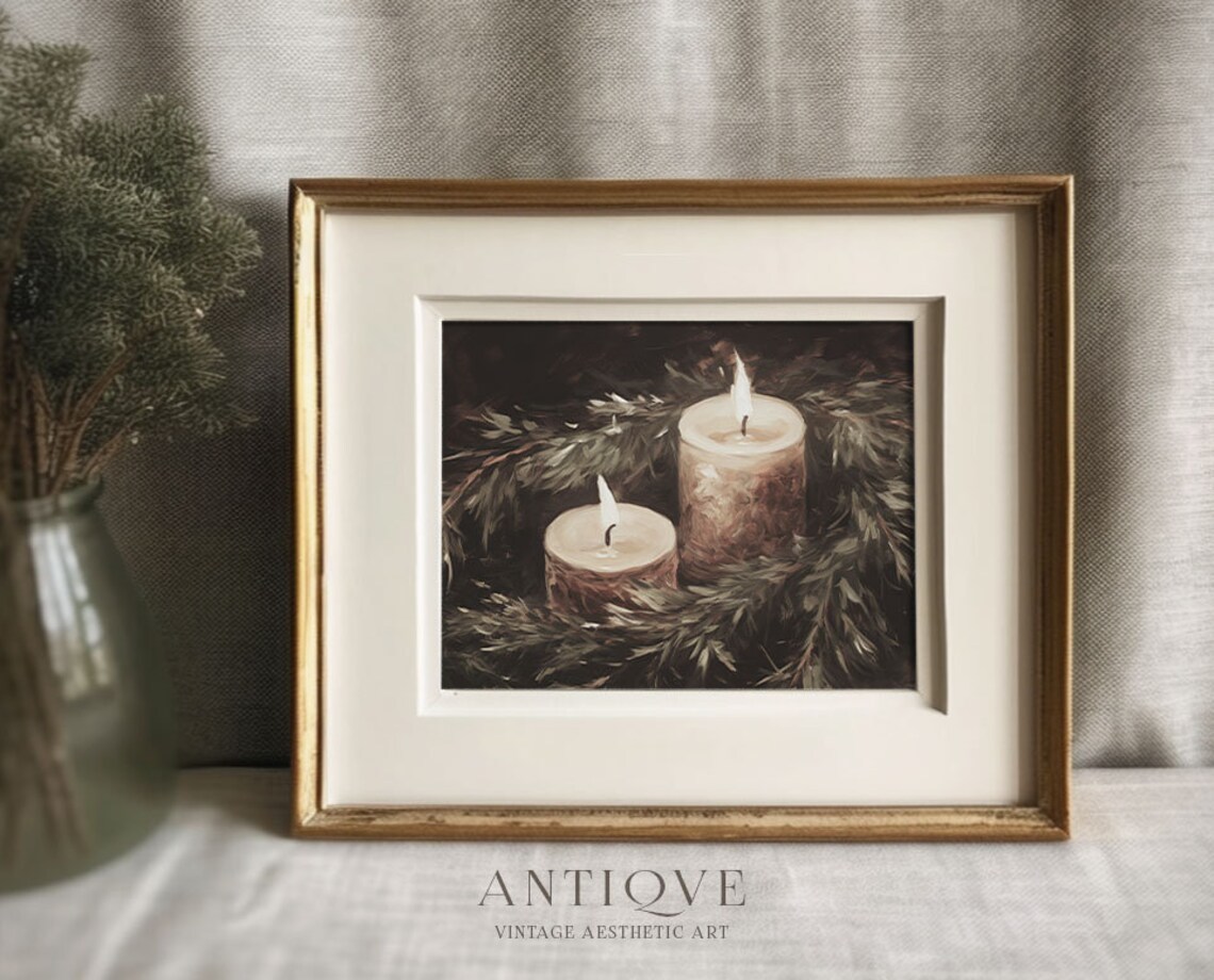 Christmas Candles and Greenery Rustic Holiday Art Print