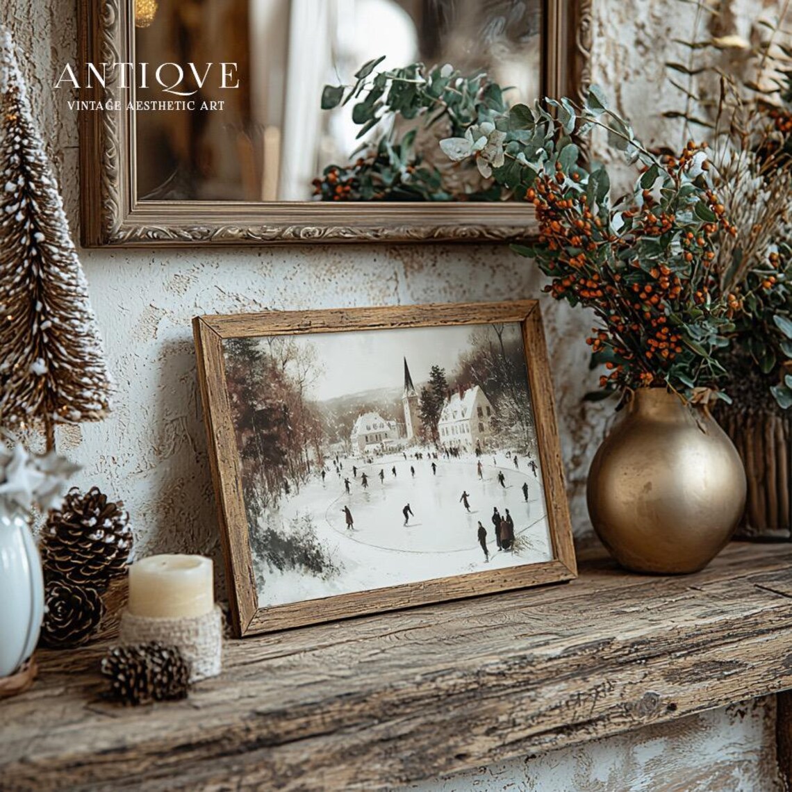 Vintage Winter Skating Scene, Rustic Christmas Decor - Image 2