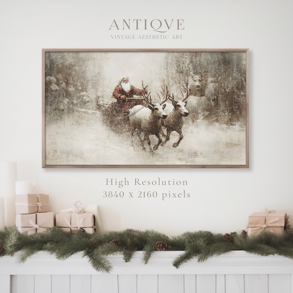 Santa Claus on Sled with Reindeer Vintage Snowy Painting Art Print - Image 3