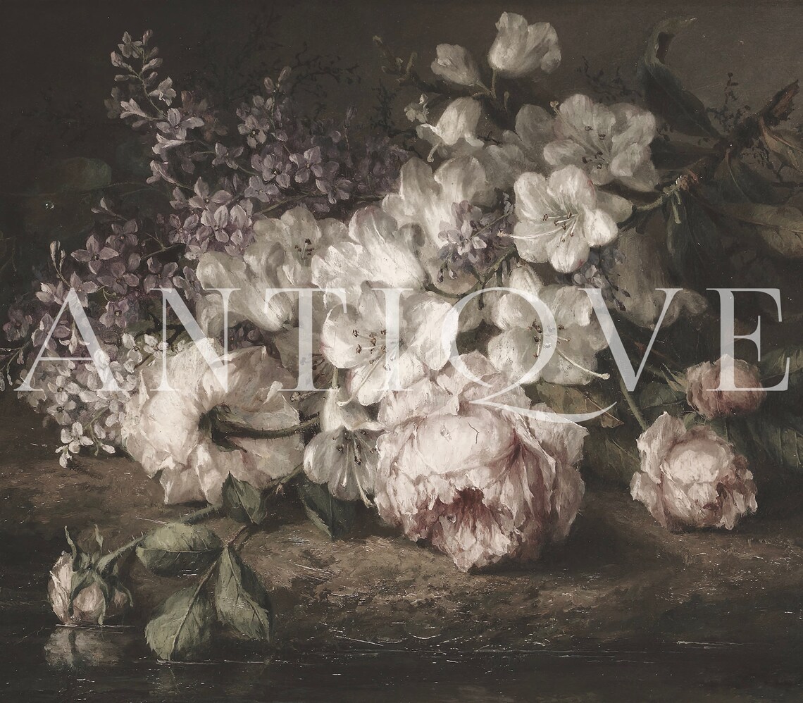 Vintage Still Life of Pink White Roses, Art Print - Image 2