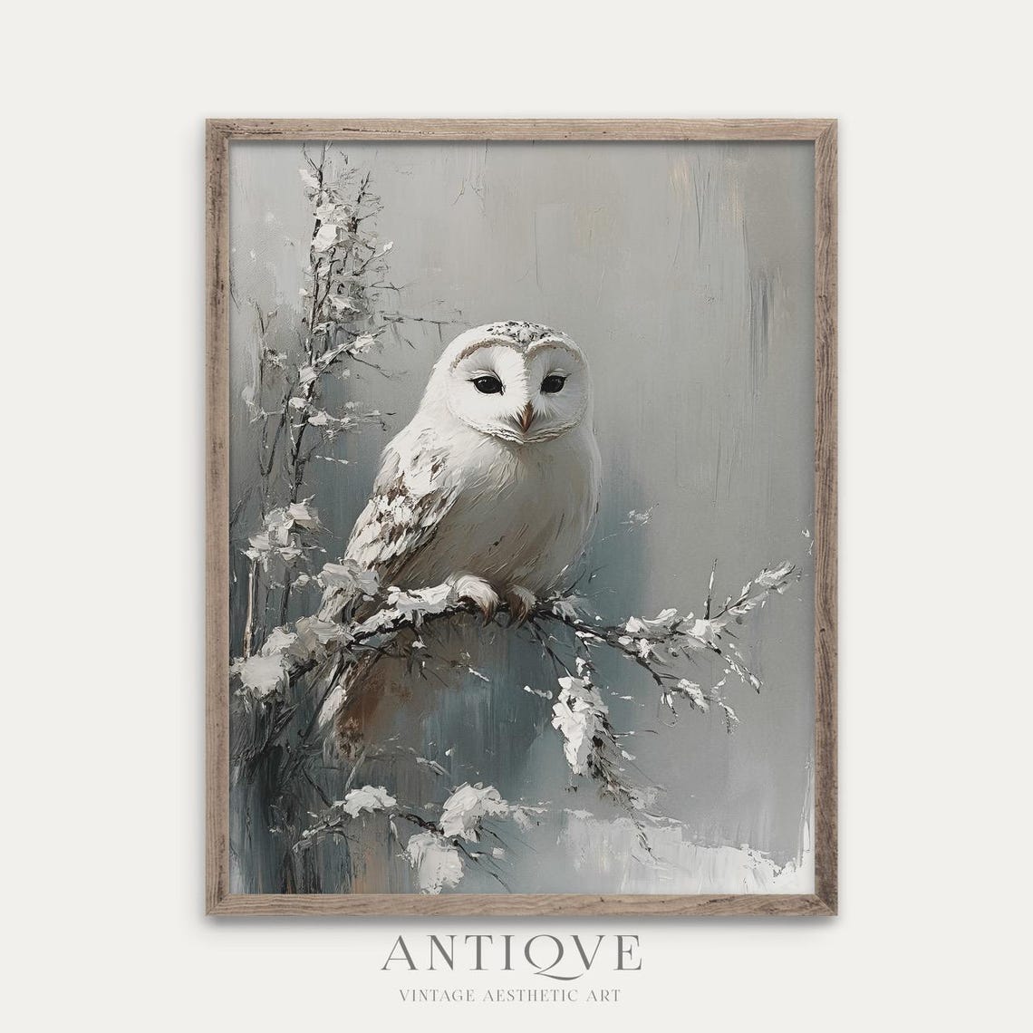 White Owl On Snow Covered Branch Serene Winter Wildlife Art Poster