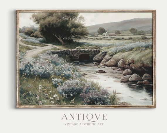 Irish Landscape Painting Stream With Flowers, Art Print