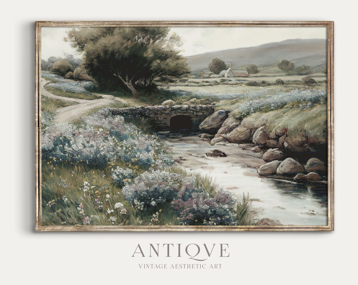 Irish Landscape Painting Stream With Flowers, Art Print