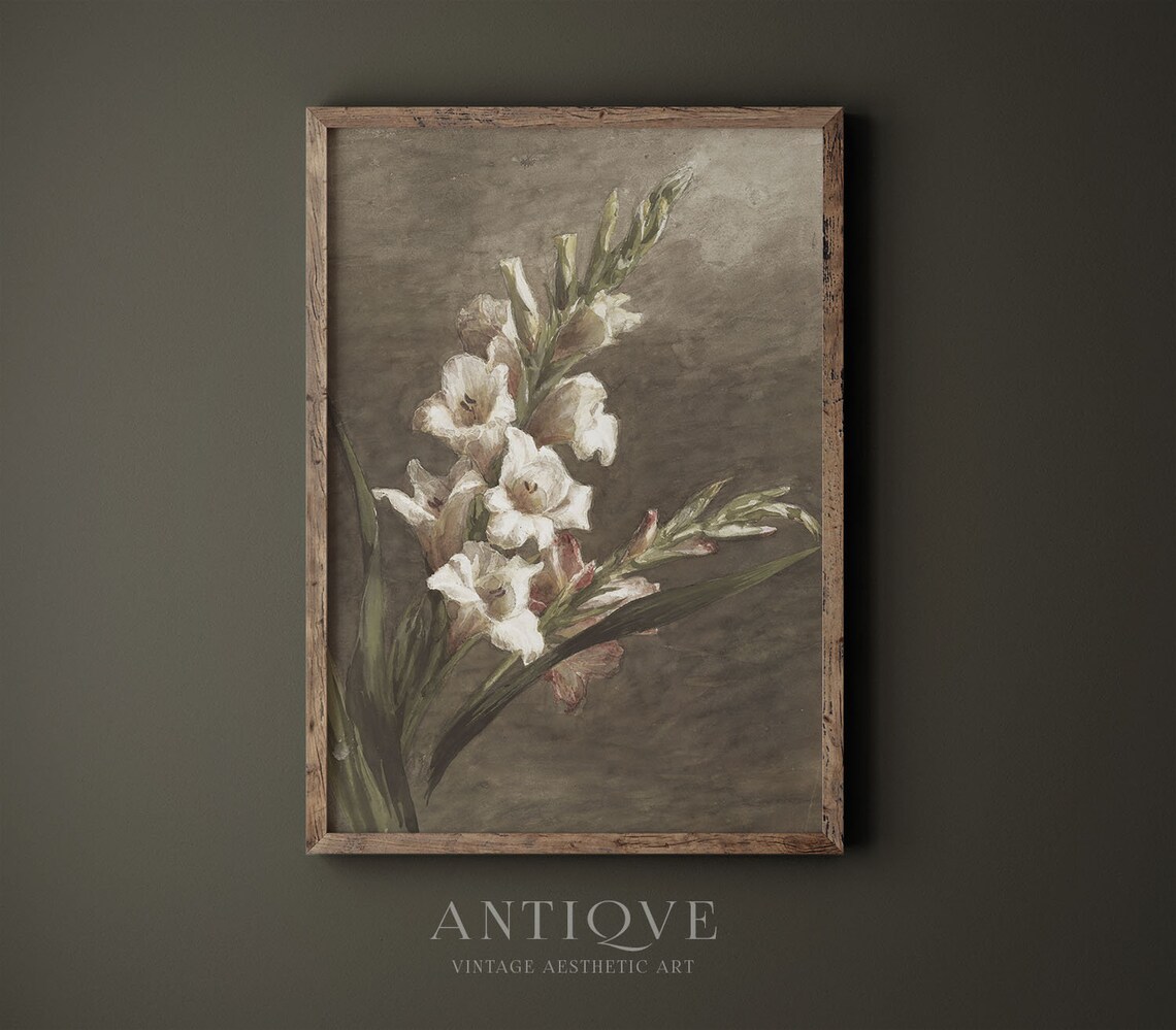 White Gladiolus Blooms Vintage Botanical Floral Painting Print - Image 3