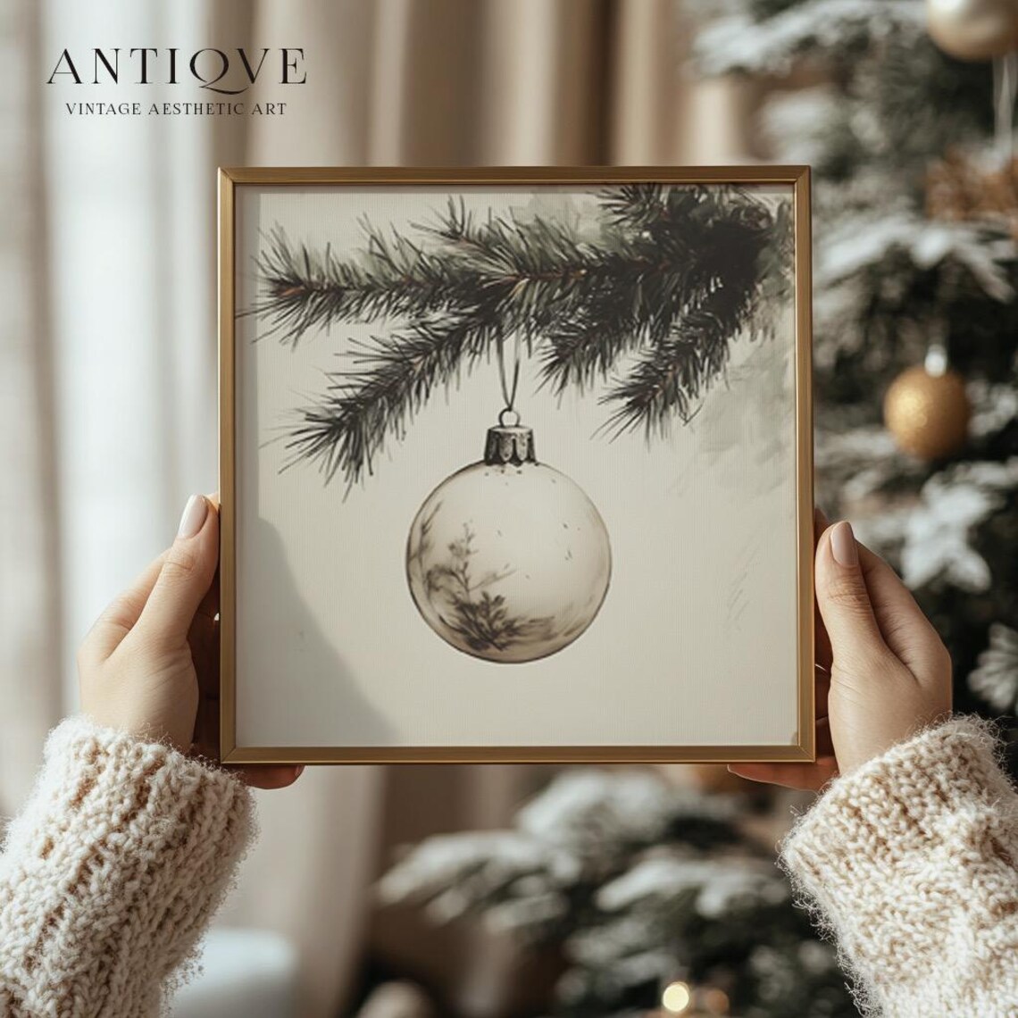 Square Christmas Ornament On Pine Branch Sketch Poster - Image 4