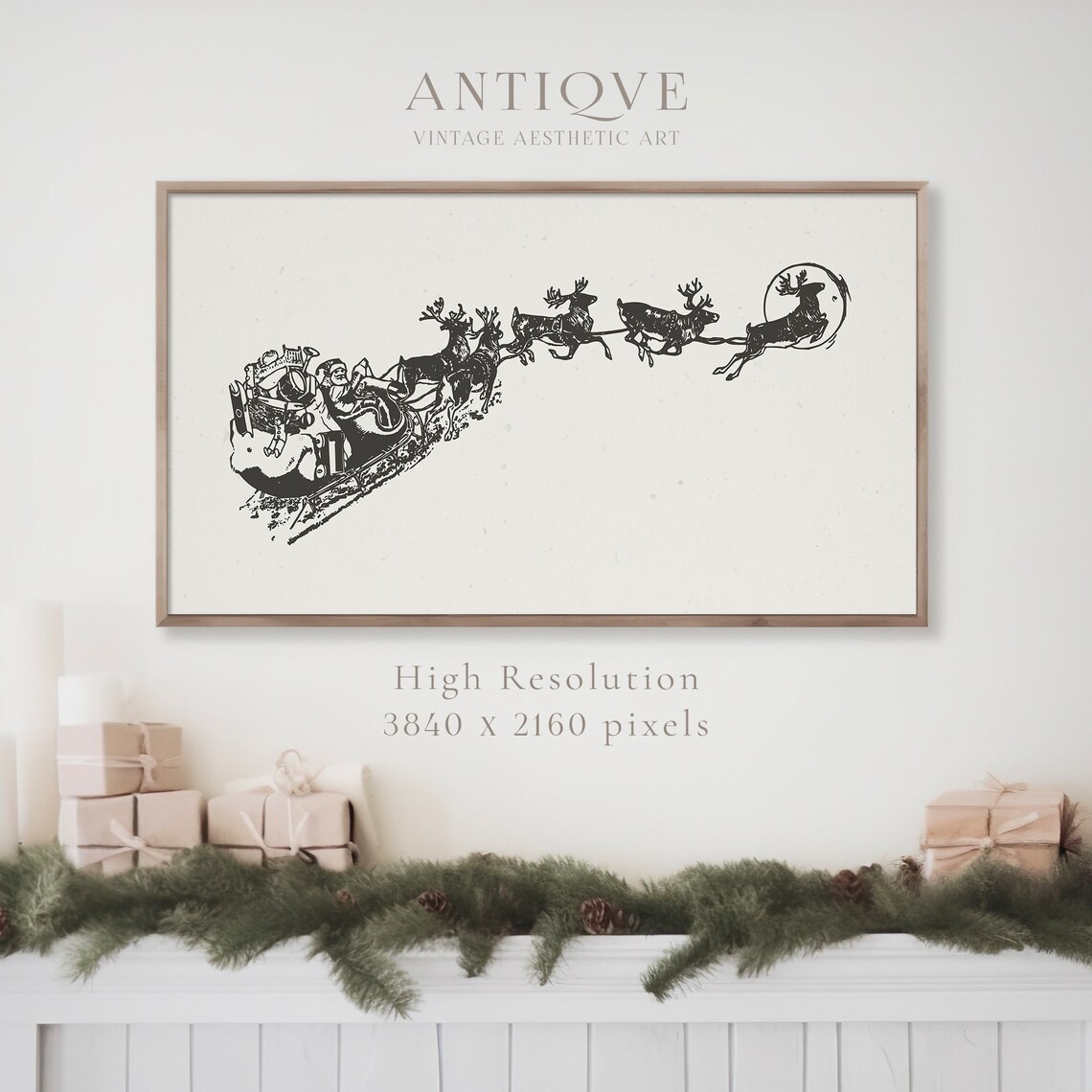 Vintage Santa Sleigh with Reindeer Silhouette Christmas Art Print - Image 3