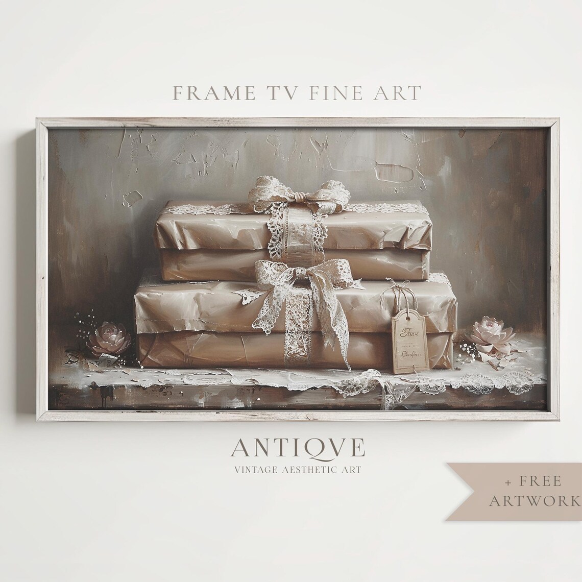 Wrapped Gifts Christmas Art, Neutral Rustic Decor
