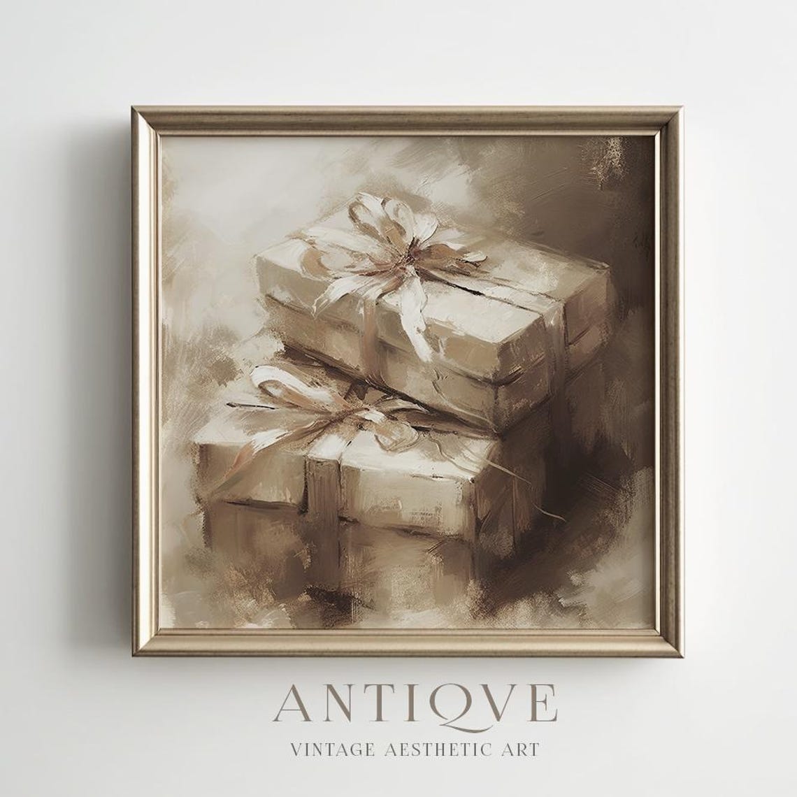 Stacked Wrapped Gift Boxes Neutral Beige Ribbon Still Life Wall Art - Image 4