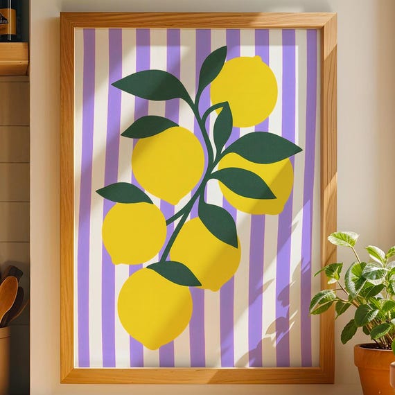Lemon Wall Art Poster Purple Striped Kitchen Decor Fresh Citrus Artwork Modern Mediterranean Fruit Print Instant