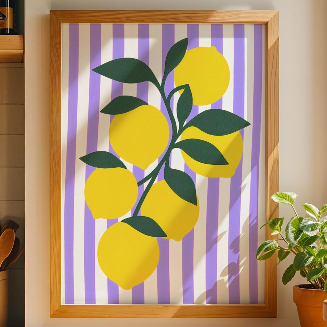 Lemon Branch Purple Striped Retro Kitchen Fruit Decor Poster