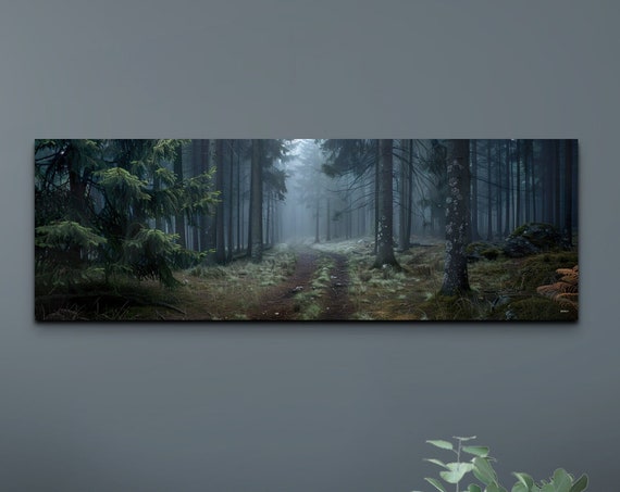 Trail In A Misty Forest Wall Art Print Panoramic Wall Decor Livingroom Ready To Hang Nature Decor Misty Forest Foggy Haze