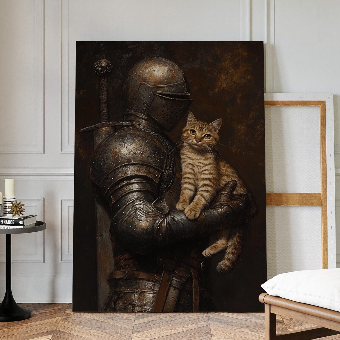 Knight Holding Orange Tabby Cat Dark Oil Painting Whimsical Poster