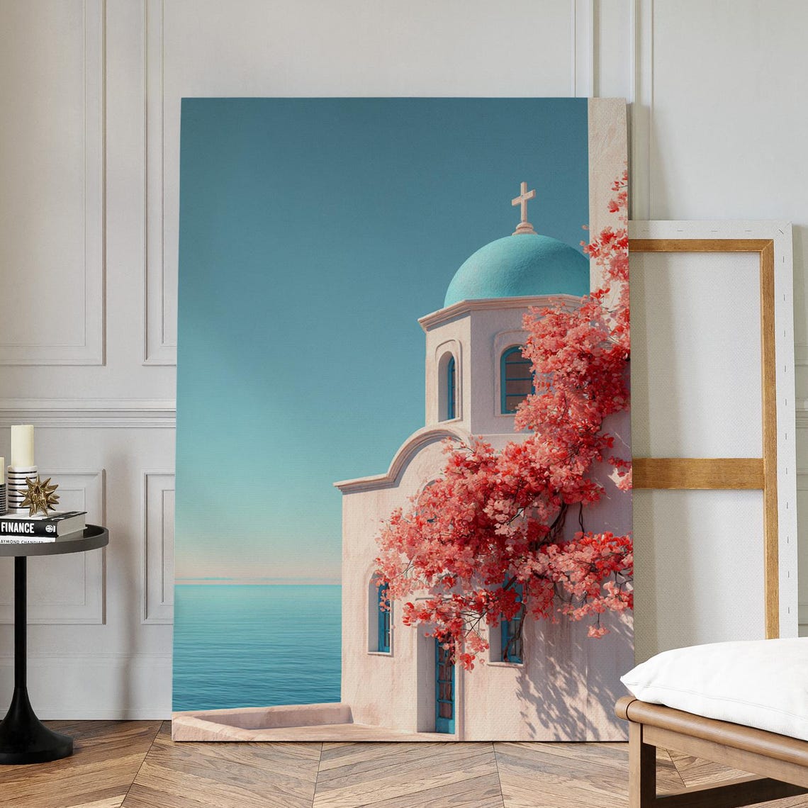 Santorini Blue Dome Church Pink Bougainvillea Sea View Art Poster