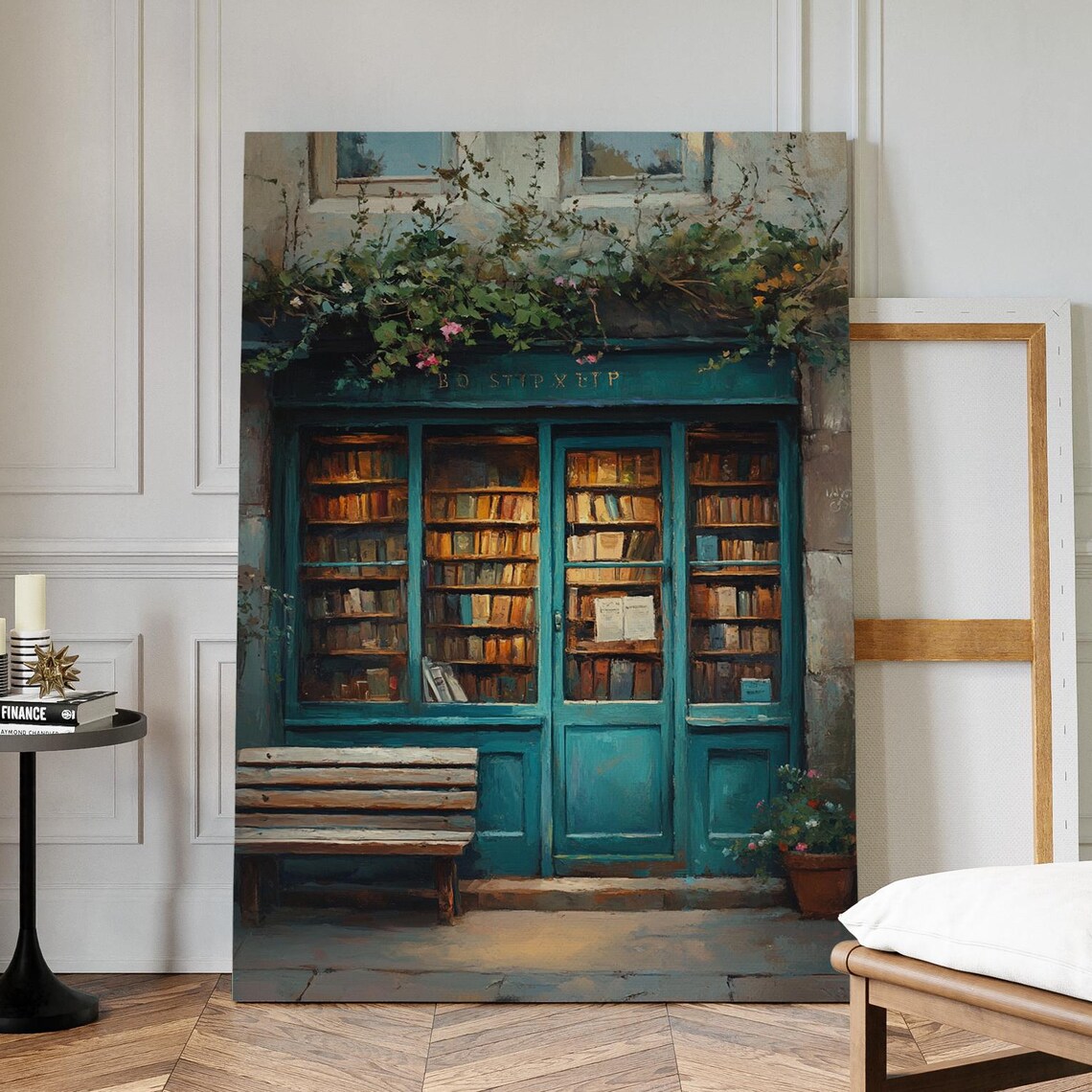 Vintage Teal Bookshop Poster With Climbing Plants And Glowing Shelves