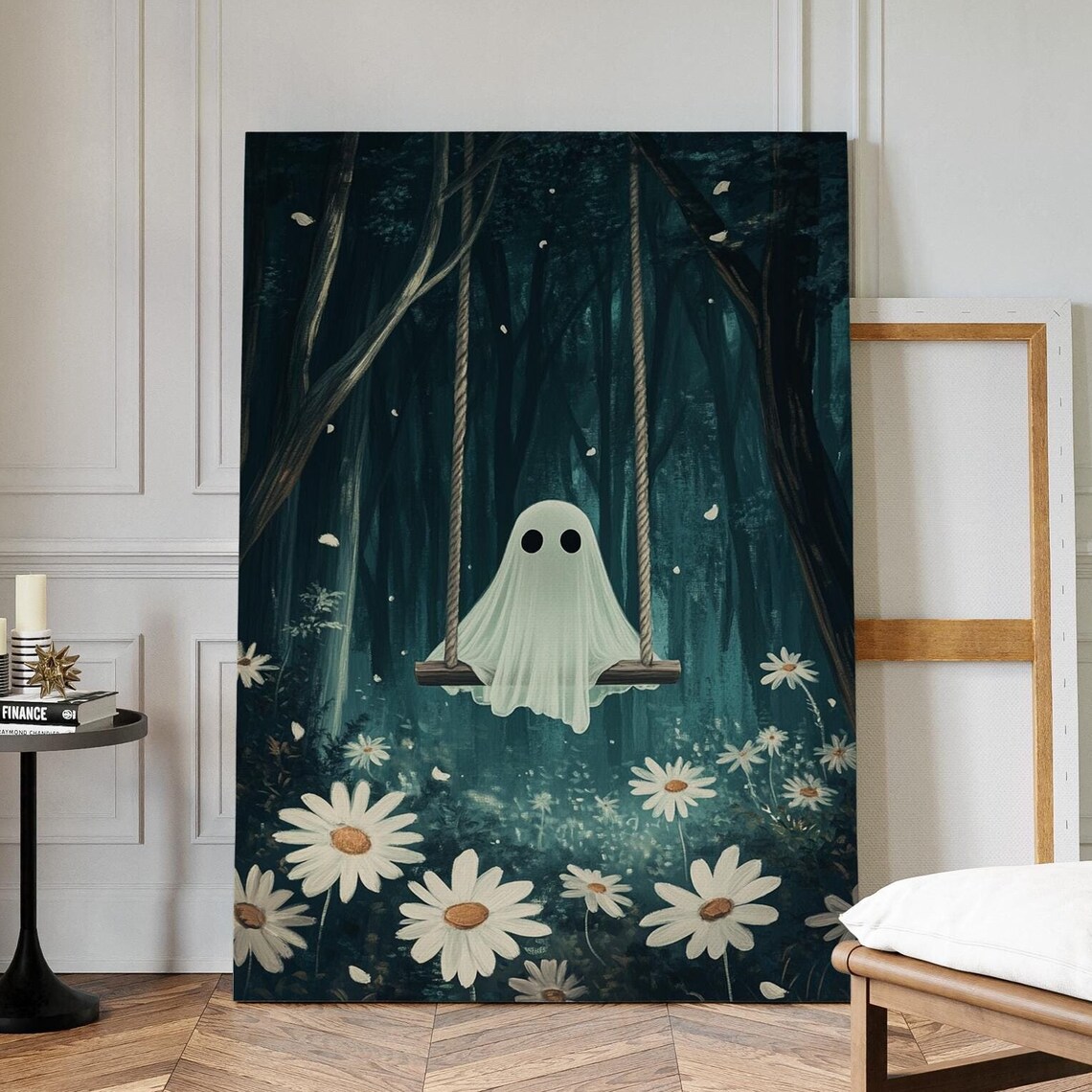 Cute Ghost On Swing In Dark Forest With White Daisies Wall Art