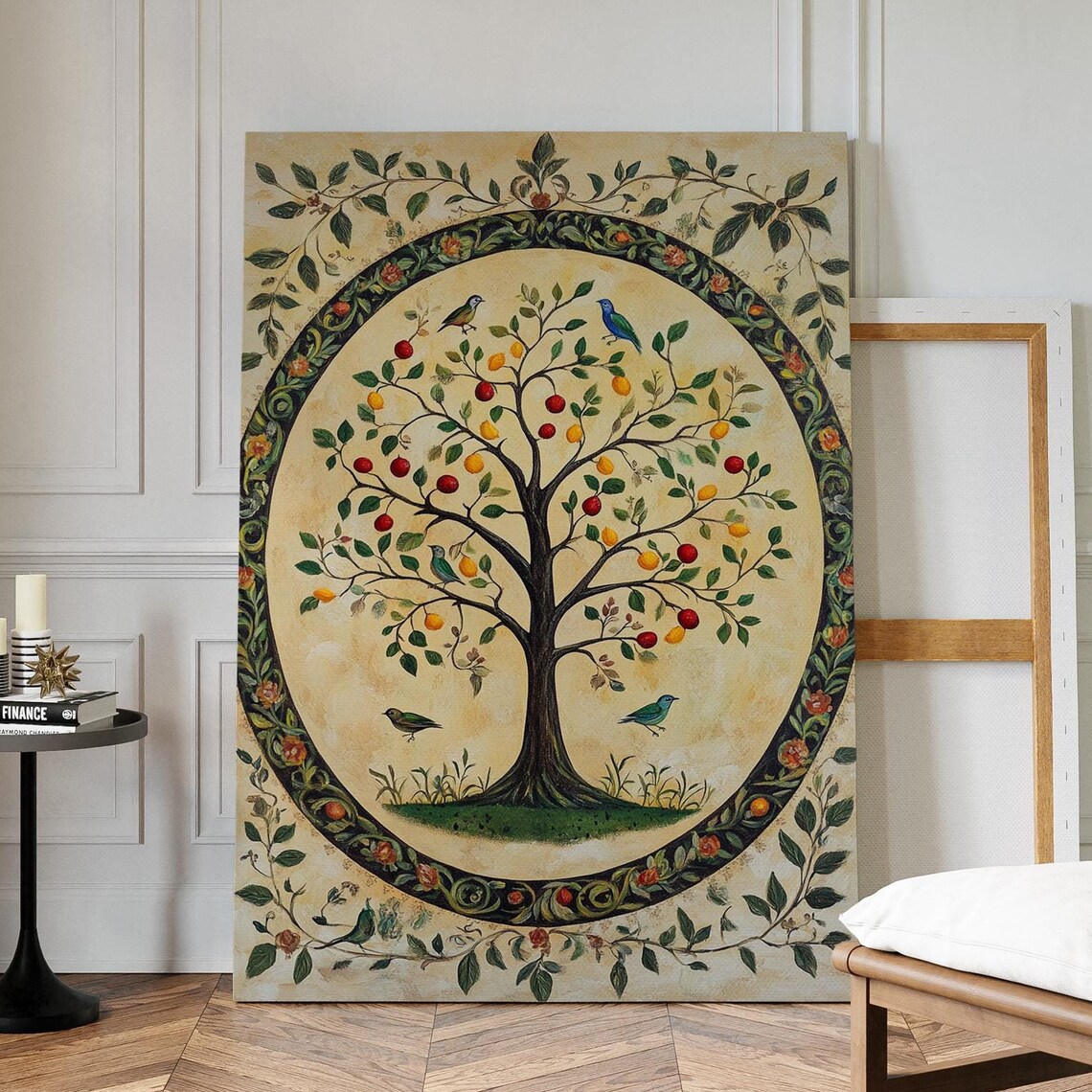 Folk Art Tree of Life Colorful Birds Fruit Oval Ornamental Wall Poster