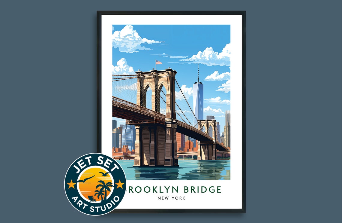 Brooklyn Bridge New York Vintage Illustrated Travel Style Poster
