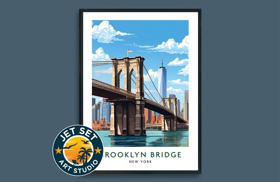 Brooklyn Bridge New York Vintage Illustrated Travel Style Poster