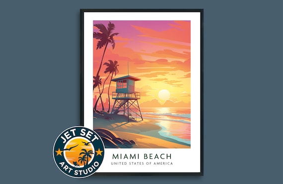 Miami Beach Sunset Retro Travel Poster Lifeguard Tower Artwork