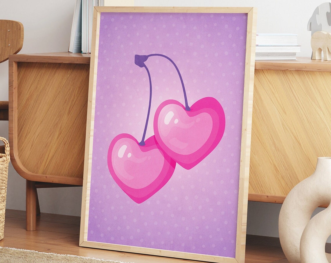Heart Shaped Pink Cherries Purple Polka Dot Background Art Poster - Image 3