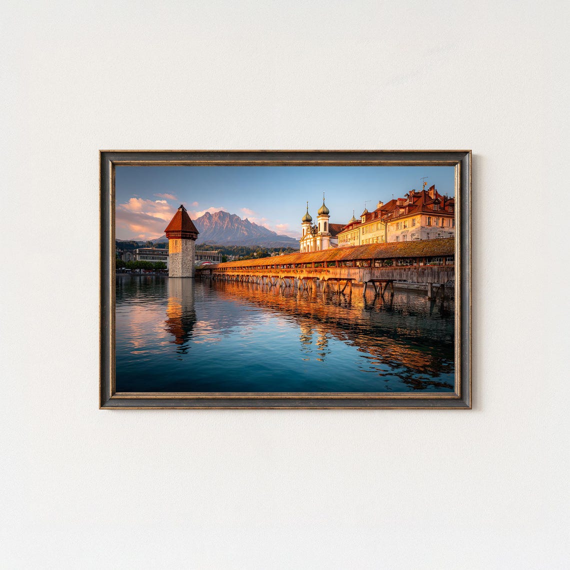 Lucerne Chapel Bridge Water Tower Sunset Switzerland Photo Poster