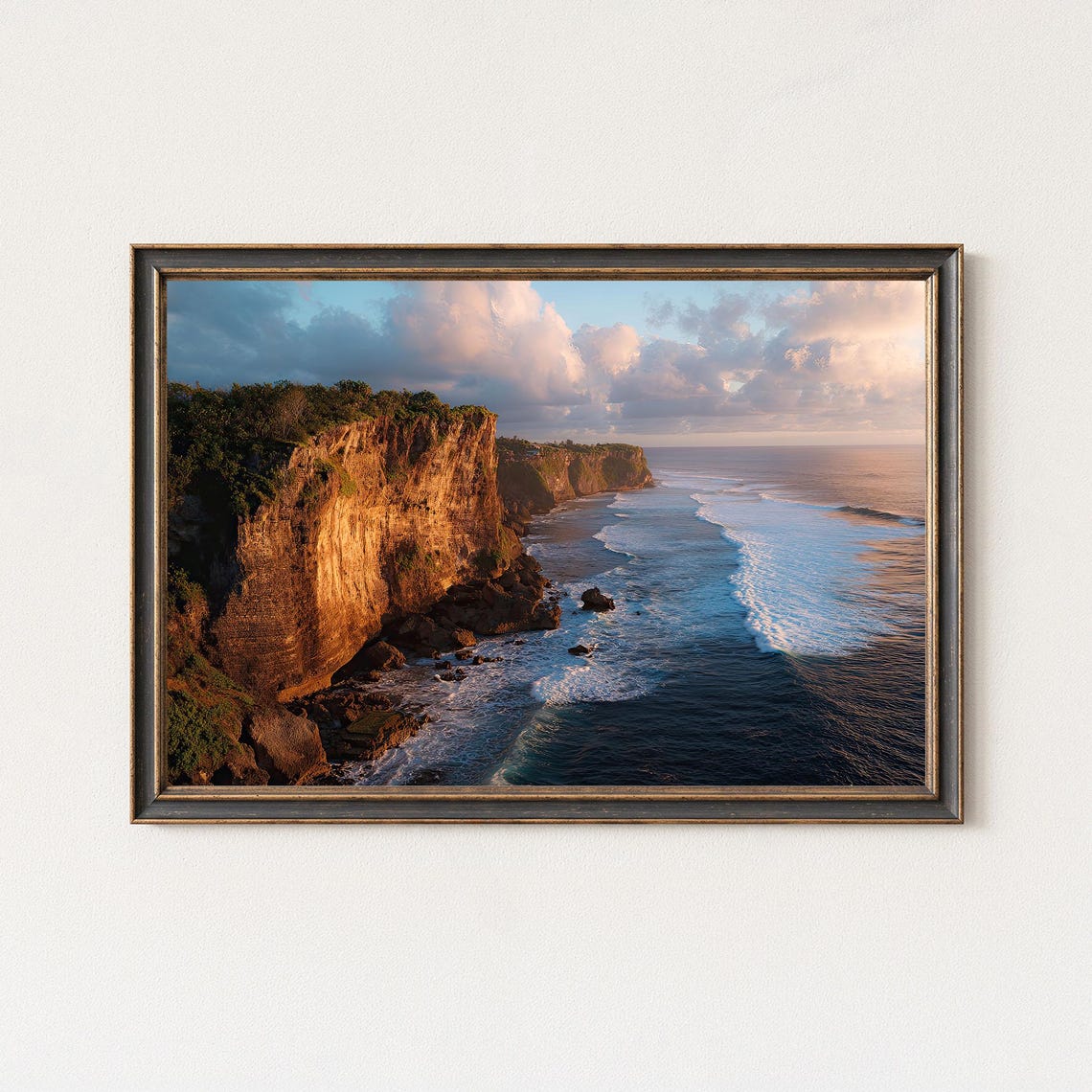 Golden Hour Coastal Cliffs Dramatic Ocean Shoreline Landscape Poster