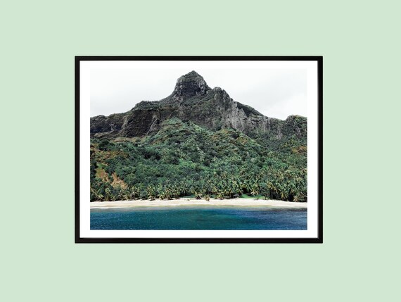 Tropical Island Jungle Mountain Rising Above a White Sand Beach Poster