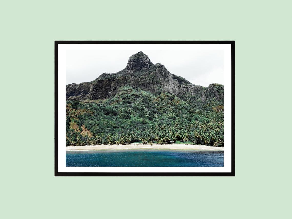 Tropical Island Jungle Mountain Rising Above a White Sand Beach Poster