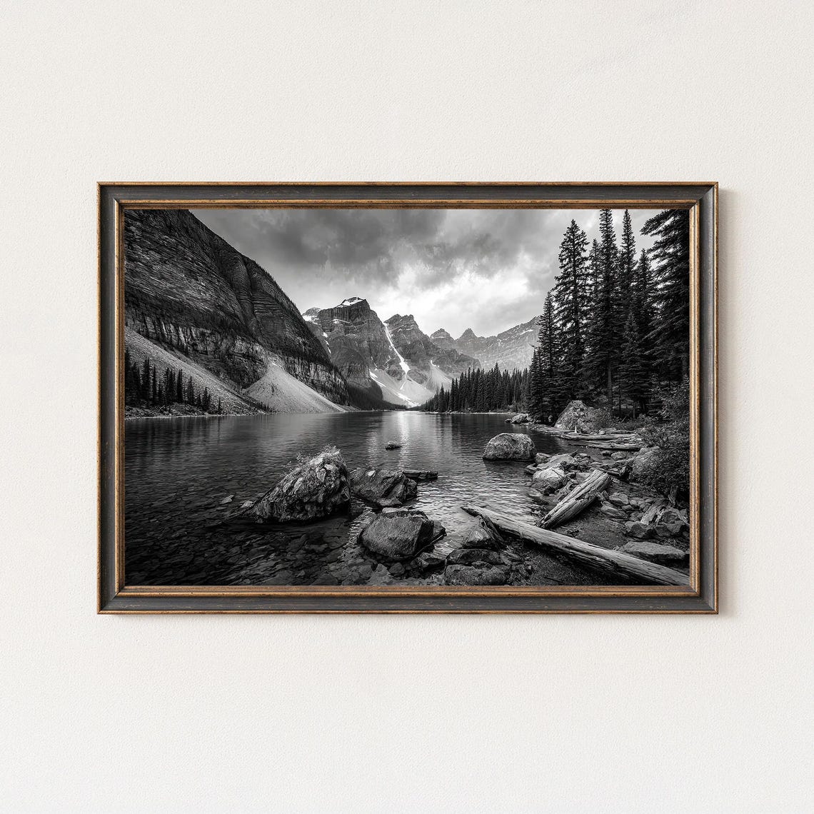 Moraine Lake Valley of Ten Peaks Black White Canada Photo Poster