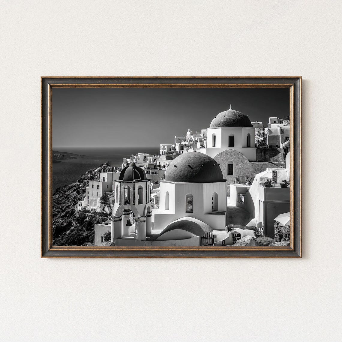 Santorini Greece Blue Domed Churches Black And White Photo Print