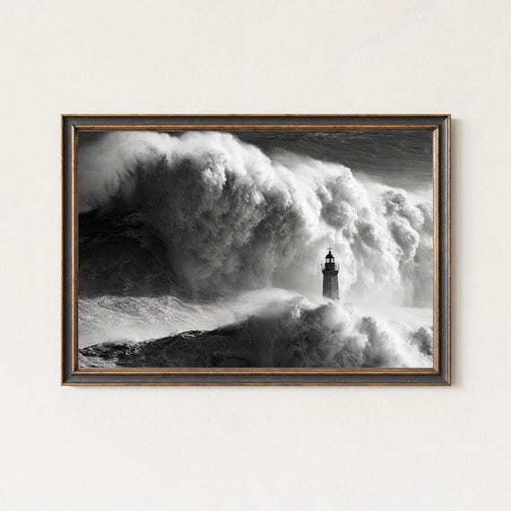 Giant Wave Lighthouse Photography Black And White Ocean Wall Art