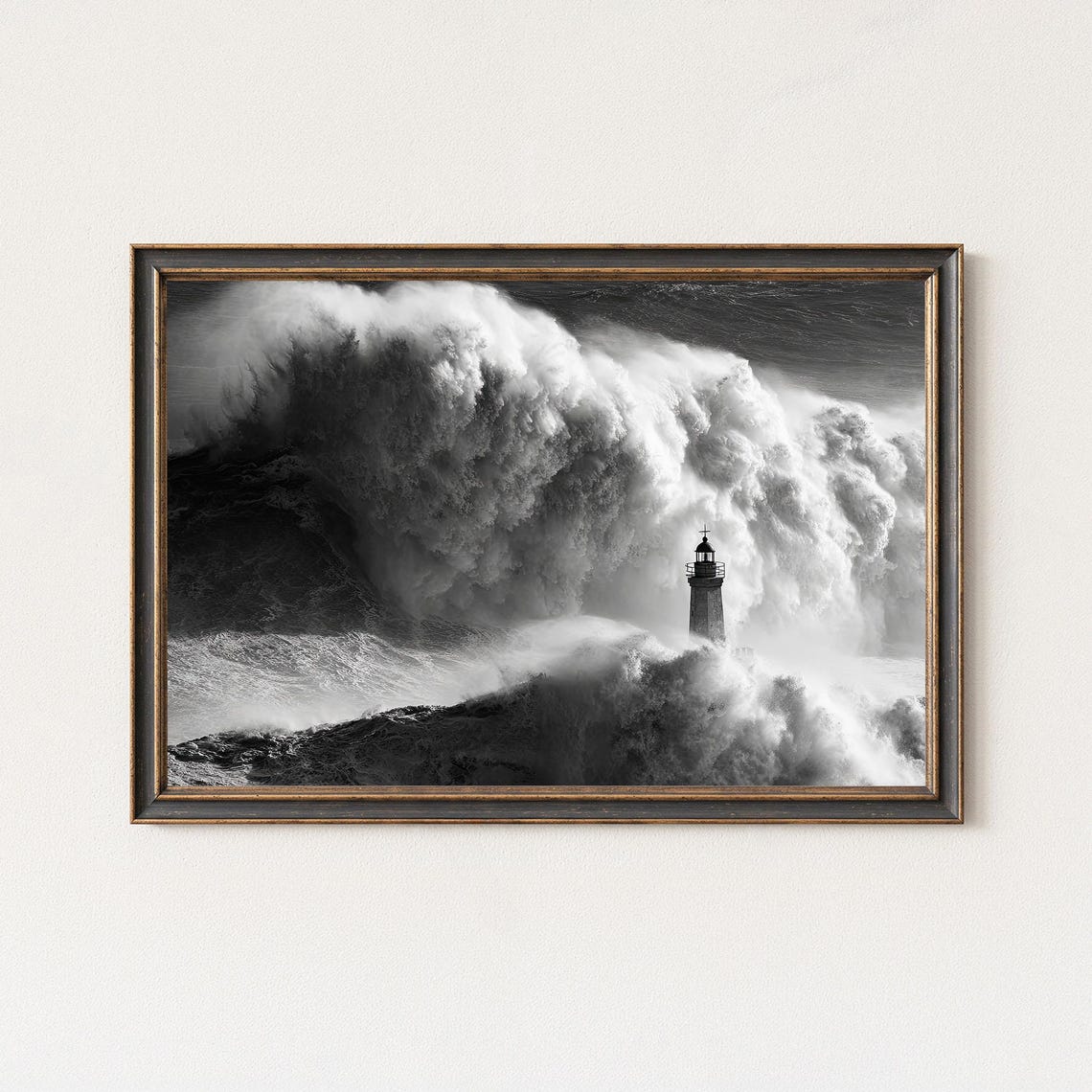 Lighthouse in a Giant Wave Black and White Photography Poster