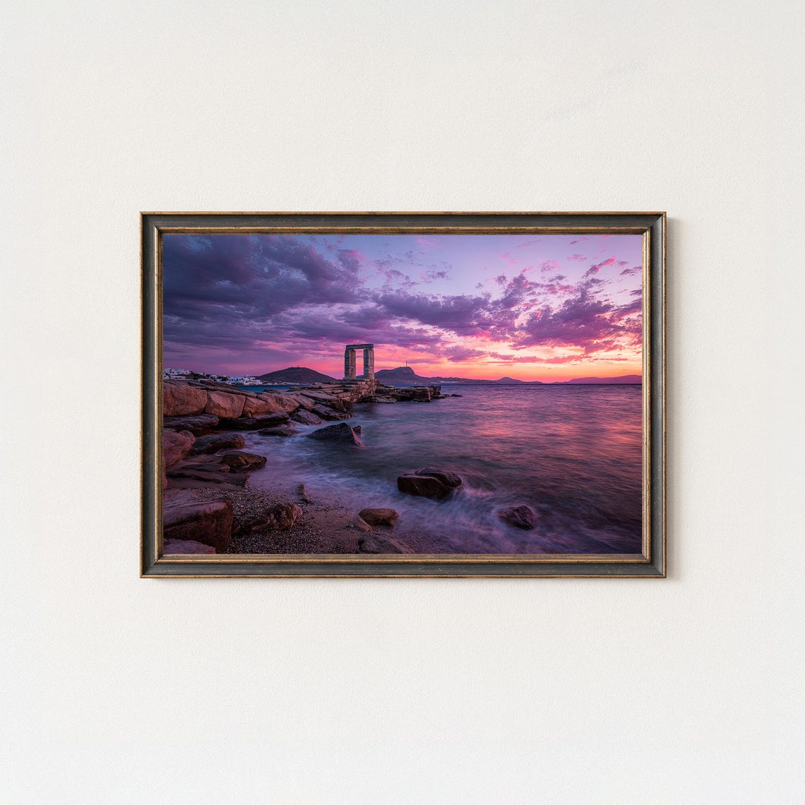 Portara Gate of Naxos at Purple Sunset Over Rocky Aegean Coast Poster