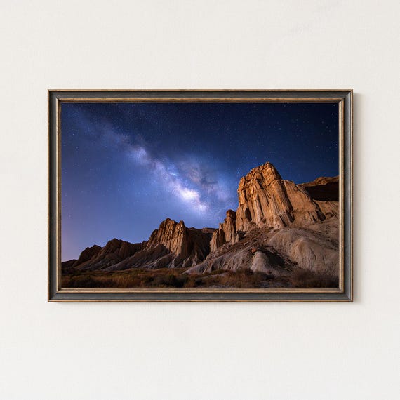 Milky Way Over Desert Cliffs Night Sky Landscape Print
