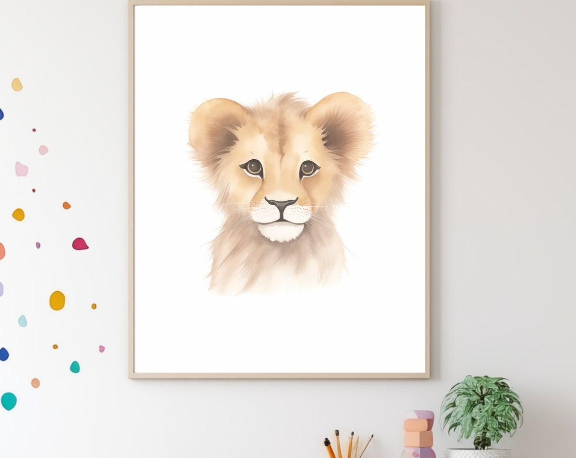 Sweet Lion Cub Portrait Watercolor White Safari Nursery Wall Poster