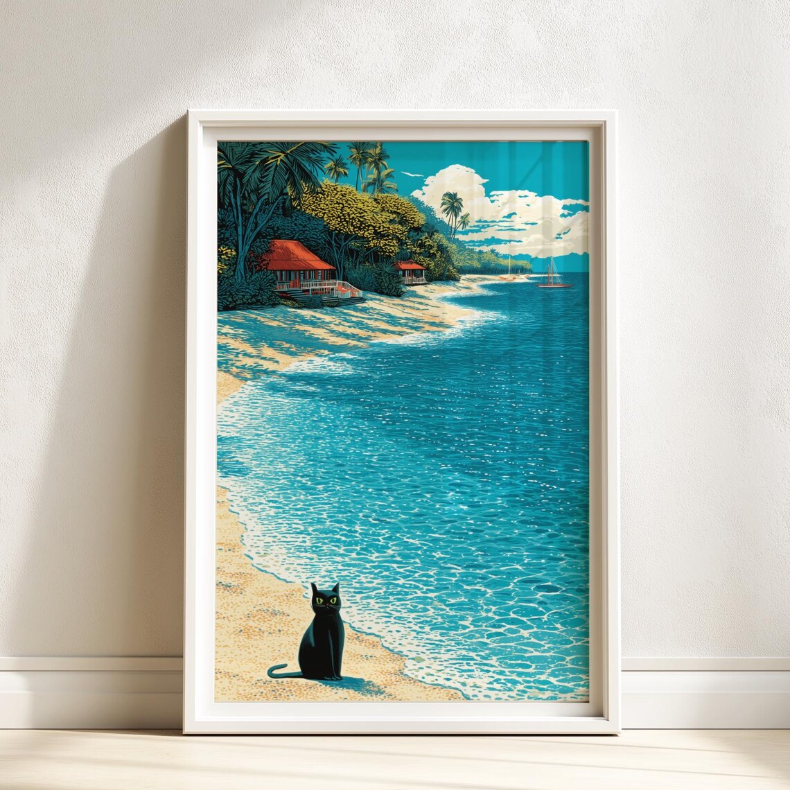Black Cat On Turquoise Beach Shoreline With Tropical Sea Poster