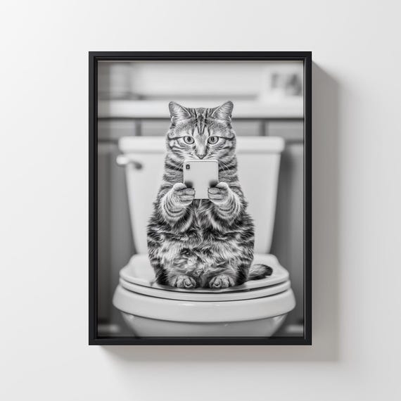Funny Tabby Cat On Toilet Print Bathroom Humor 5 Sizes Included